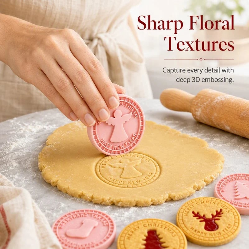 Pressing a Christmas cookie stamp into rolled dough