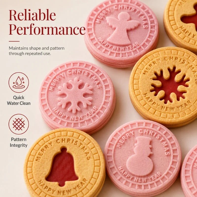 Close-up view of reusable Christmas cookie stamps and clear details