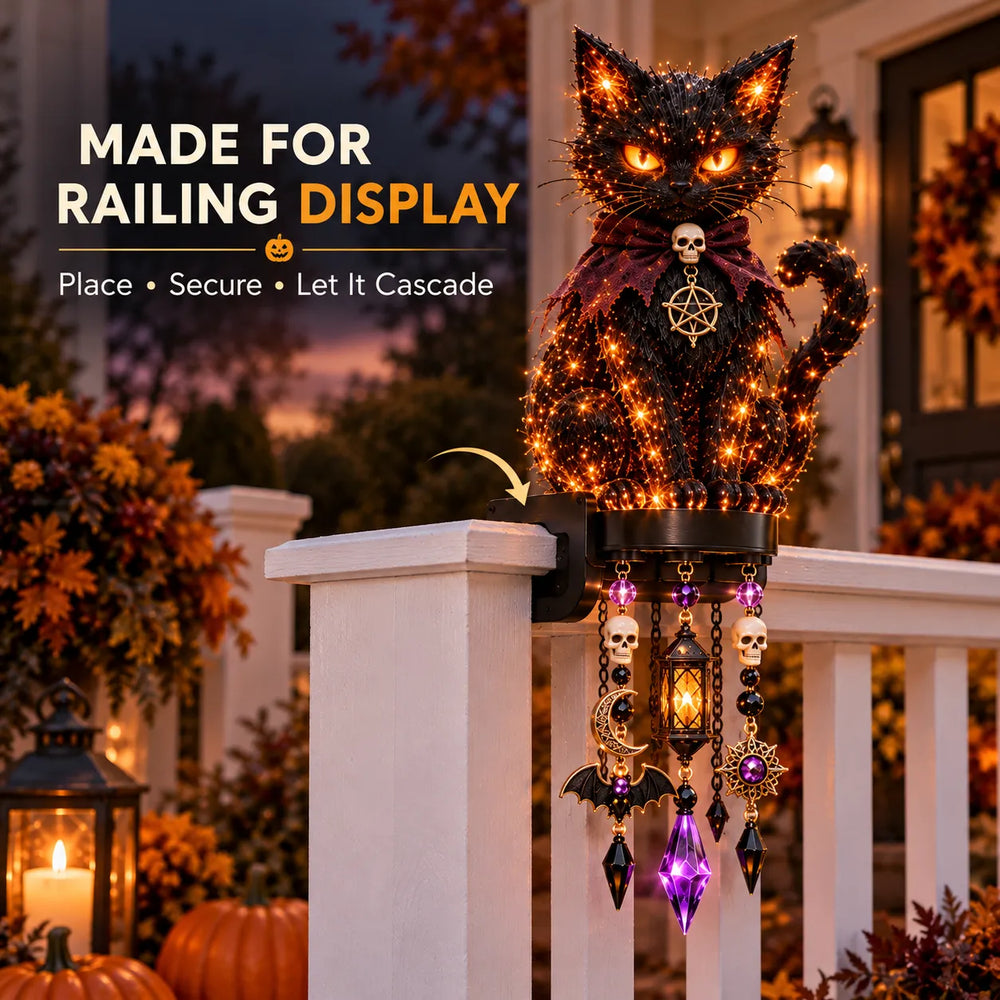 Black cat character mounted above a railing with ornaments cascading below