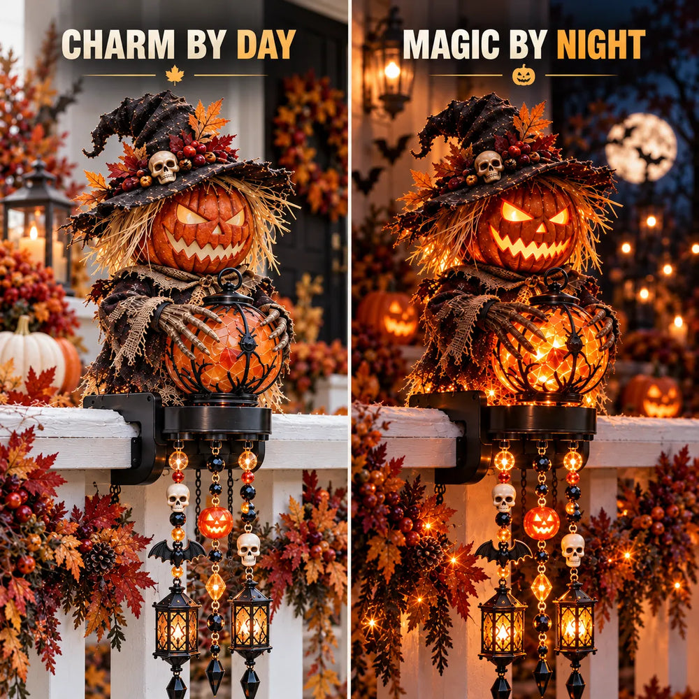 Pumpkin railing decoration shown during the day and illuminated at night